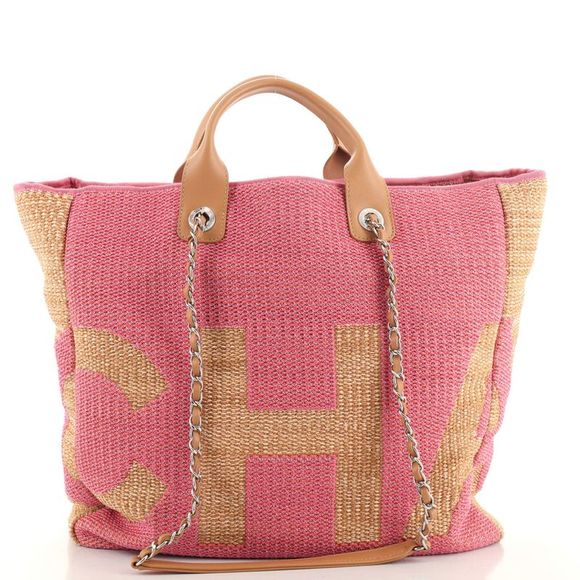 Chanel Handbags - Chanel Deauville Logo Shopping Tote Printed Raffia Large